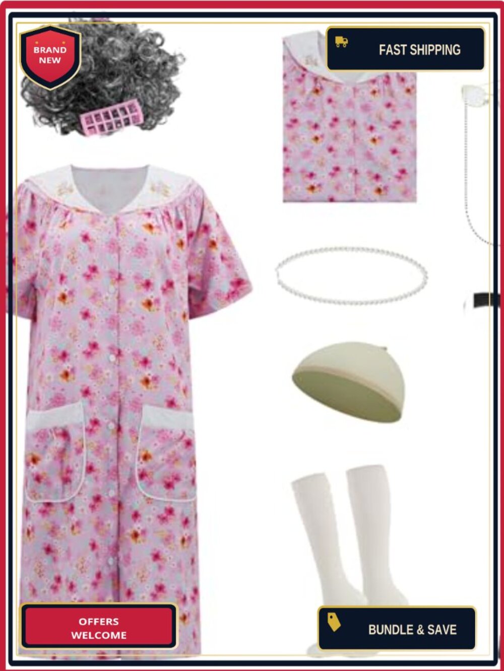 Old Lady Costume Kit Grandma Nightgown Wig Cane Necklace